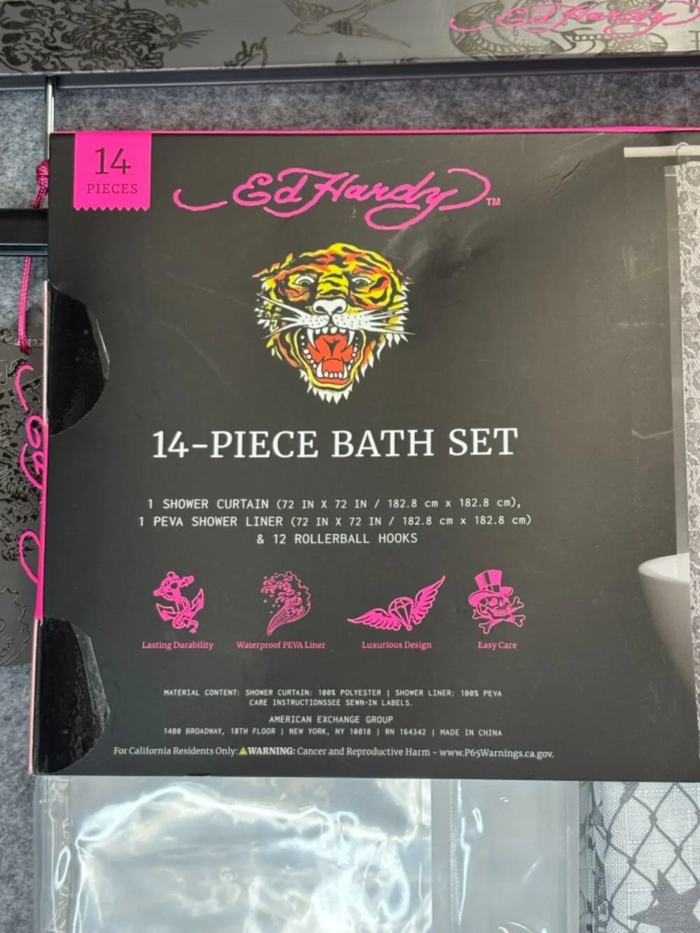 Ed Hardy Shower Curtain Set w 14 Piece w Hooks & Liner White Gray Roses Skulls
